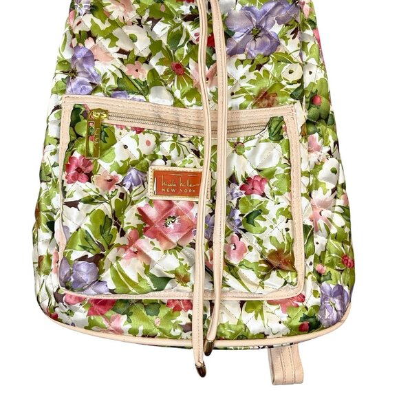 Nicole Miller New York Green Floral Quilted Drawstring Backpack Knapsack‎ Garden - Picture 3 of 8